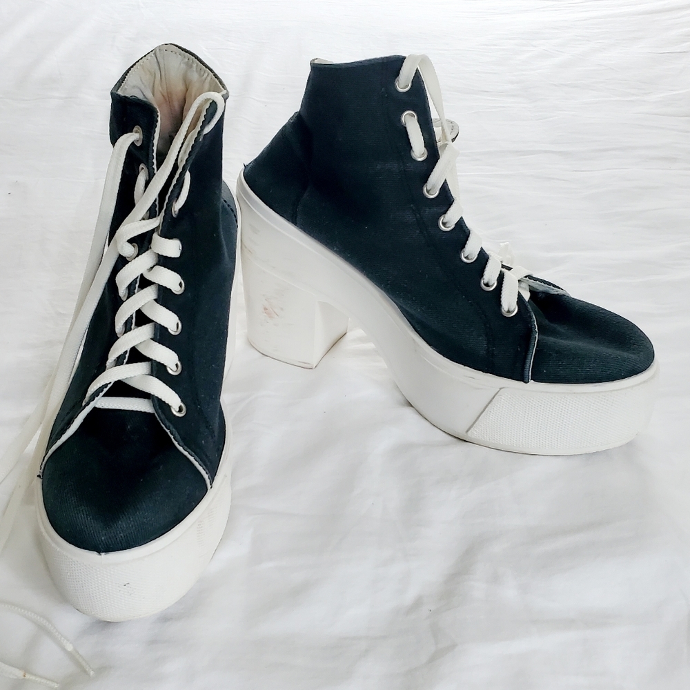 Vintage Washed Black Canvas Platform Lace-ups Made In Italy 39